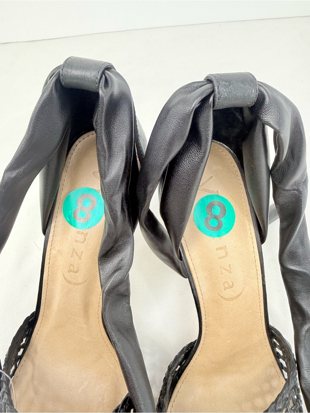 Vicenza Anthropologie Black Leather Woven Pointed Toe Wrap Ankle Strap Pump Heel - Picture 8 of 16
